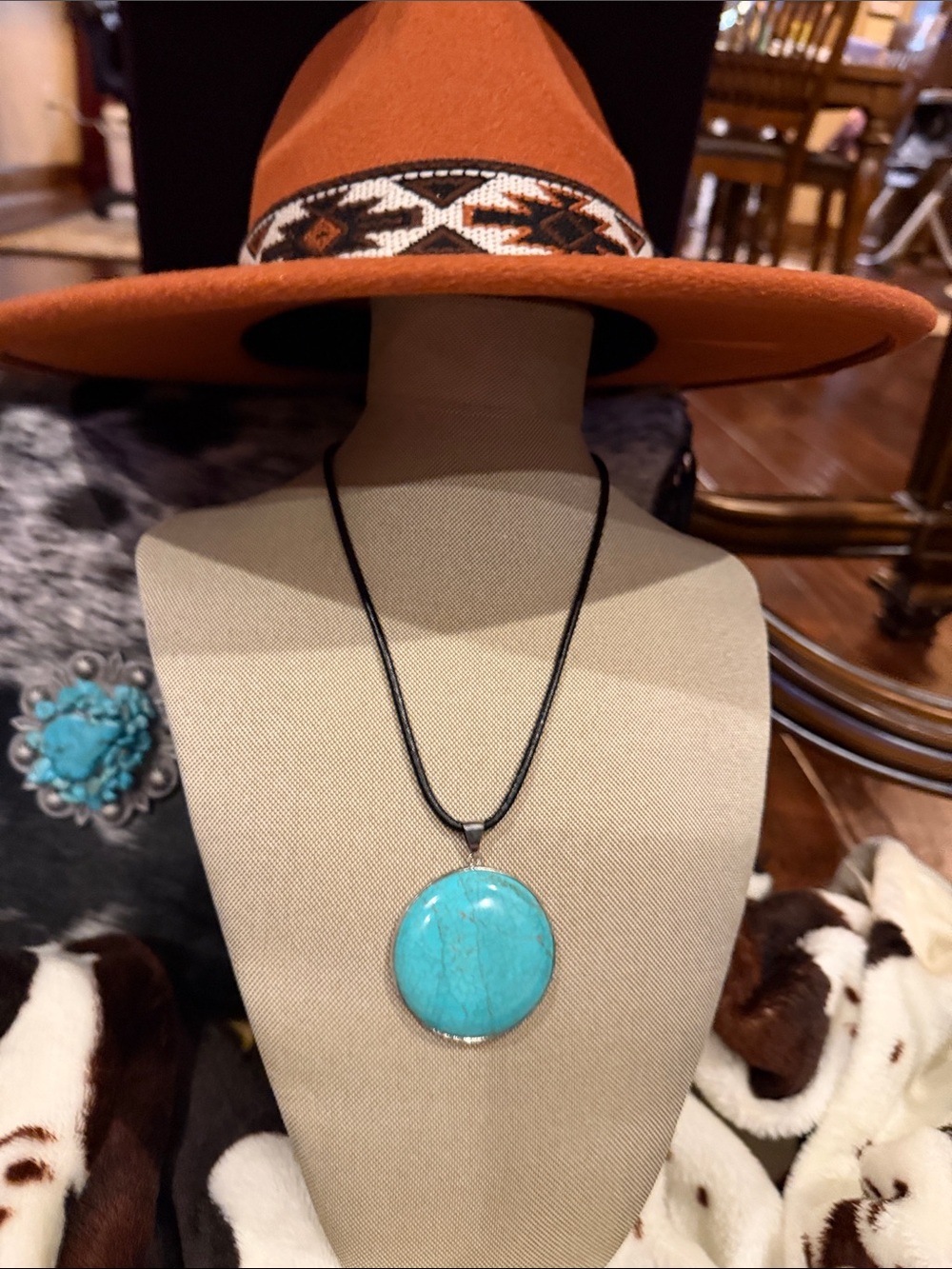 Bold Round Turquoise Medallion on Black Leather Cord
